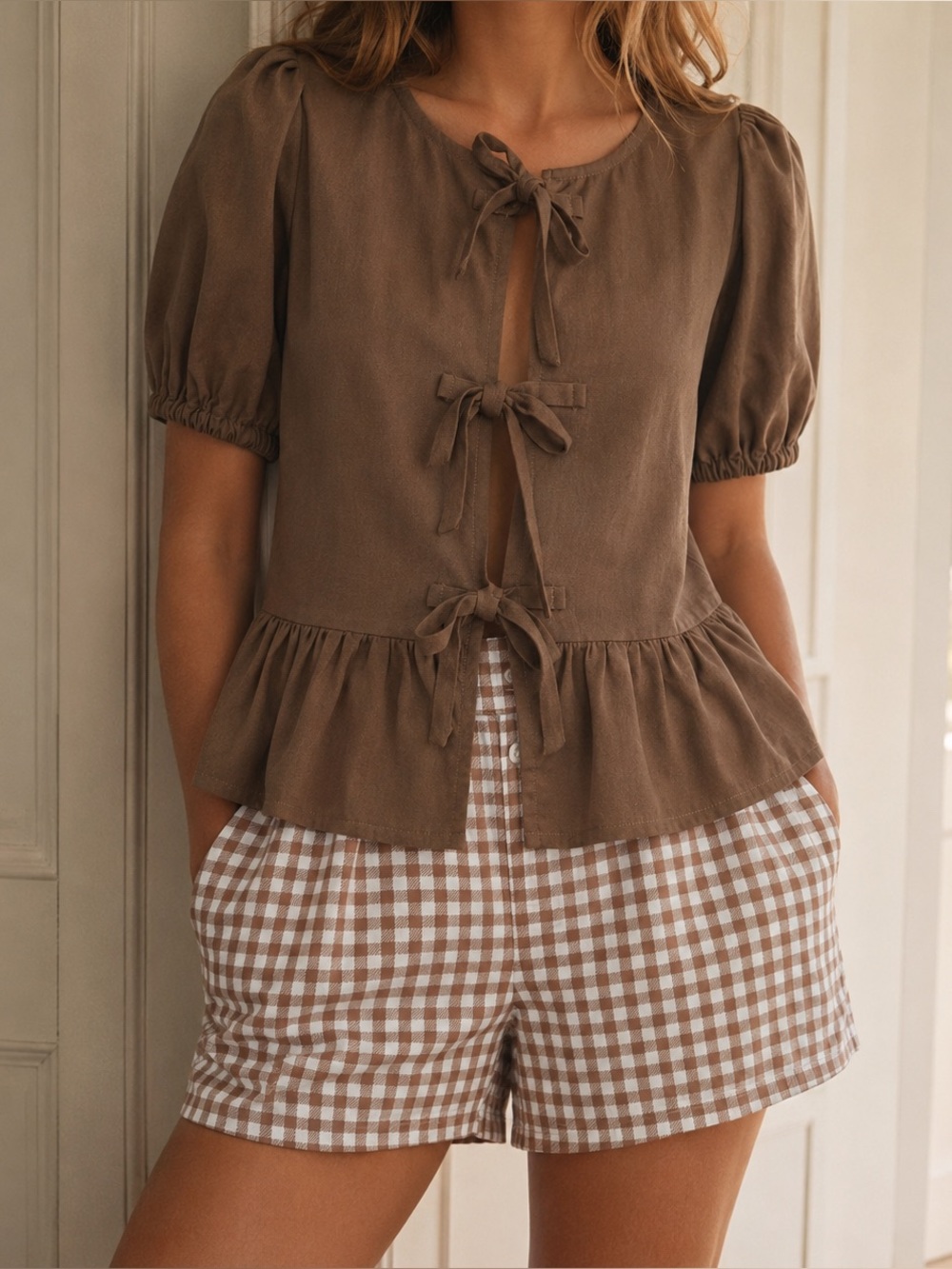 Happily Grey Brown Gingham Boxer Shorts Cottagecore Coquette Cotton Size S